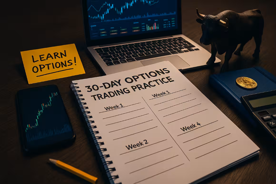 Photorealistic image of a trading desk setup with charts, notebook, and bull figurine, representing a 30-day options trading practice plan for beginners learning to trade effectively.