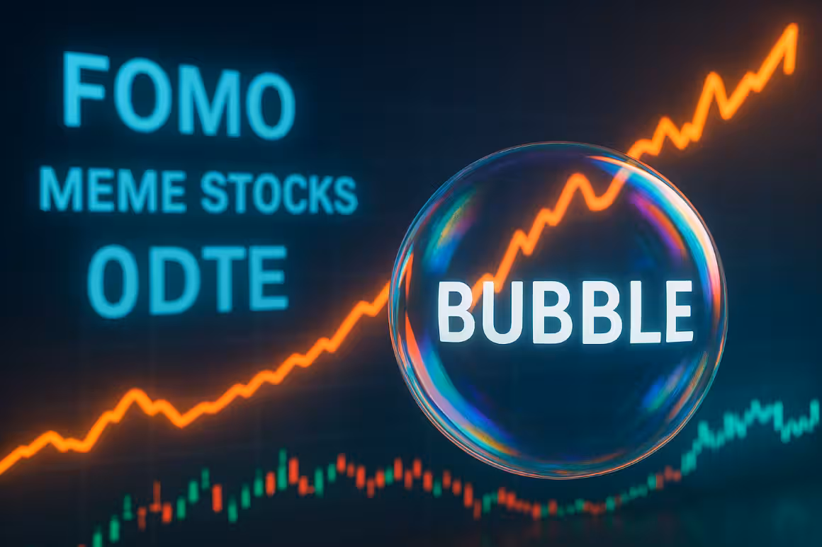 A photorealistic widescreen image of a glowing financial chart rising sharply alongside a large iridescent bubble, symbolizing FOMO-driven market behavior, meme stock mania, and 0DTE speculation.