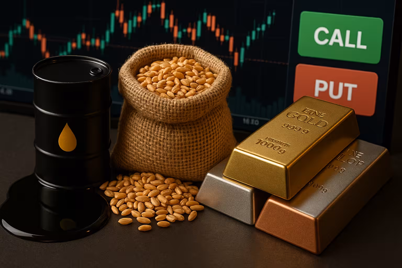 Photorealistic scene of oil, grains, and gold bars in front of a trading screen showing charts with call and put buttons. - Commodity Options