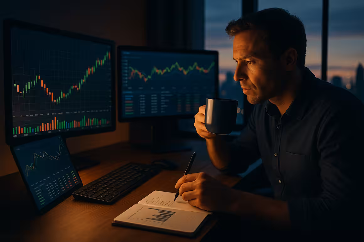 Photorealistic image of a trader analyzing financial charts and taking notes during a morning pre-market routine, symbolizing focus, discipline, and preparation for options trading.