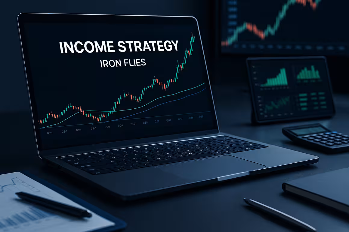 Modern trading workspace with glowing screens showing Iron Flies income strategies, financial charts, and advanced tools in a sleek, futuristic setup.
