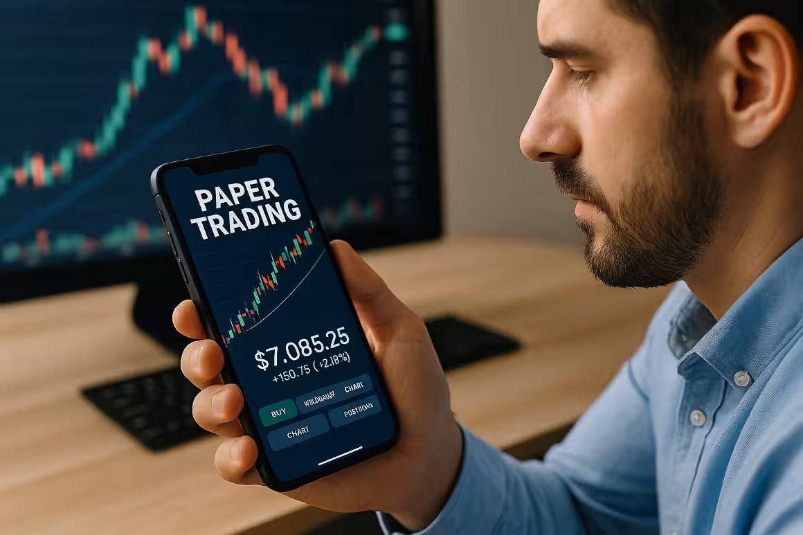 Photorealistic image of a trader holding a smartphone showing a paper trading app with unrealistically high profits, symbolizing the false confidence these apps can create.
