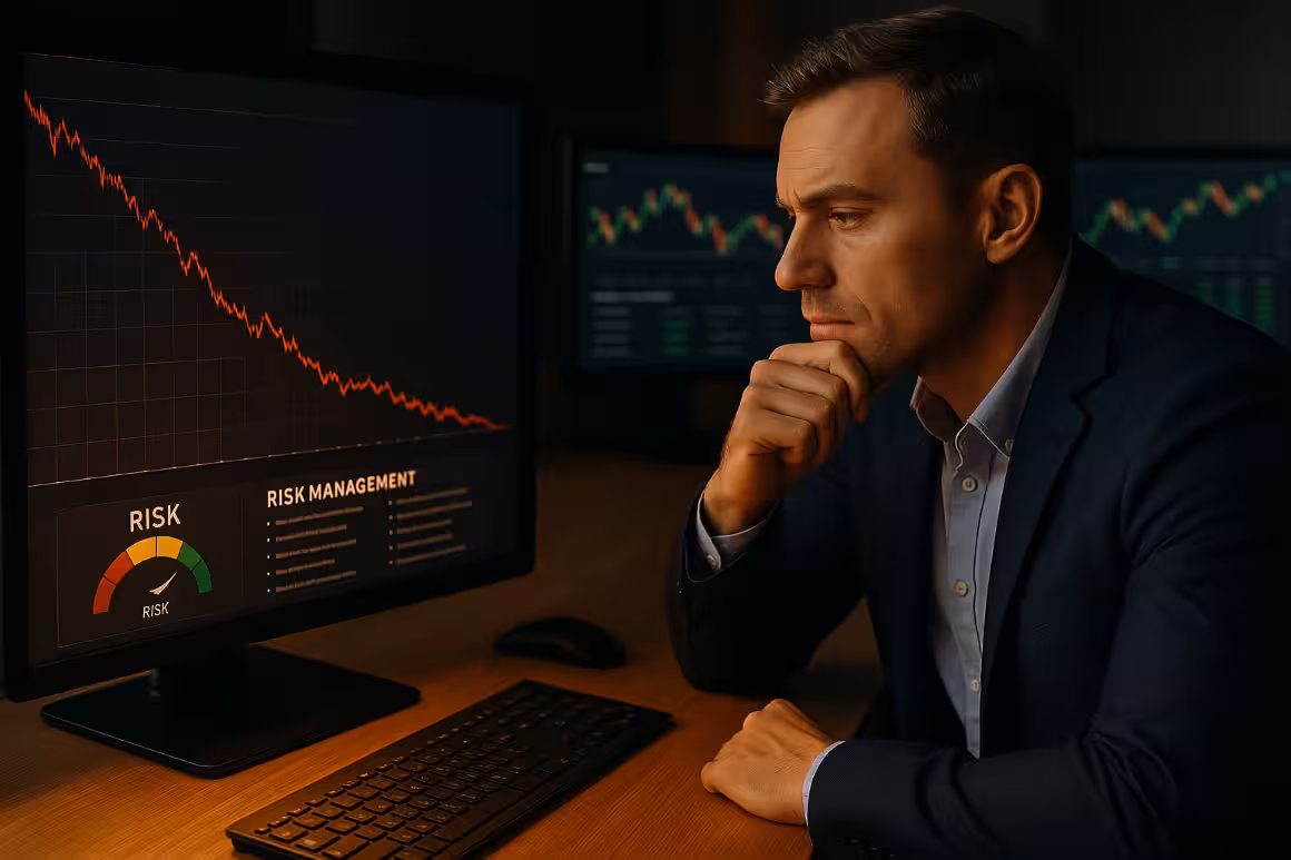 Photorealistic image of a professional trader calmly analyzing a red drawdown chart and risk management dashboard on his monitor, illustrating disciplined drawdown control and how pros handle losing streaks in trading.