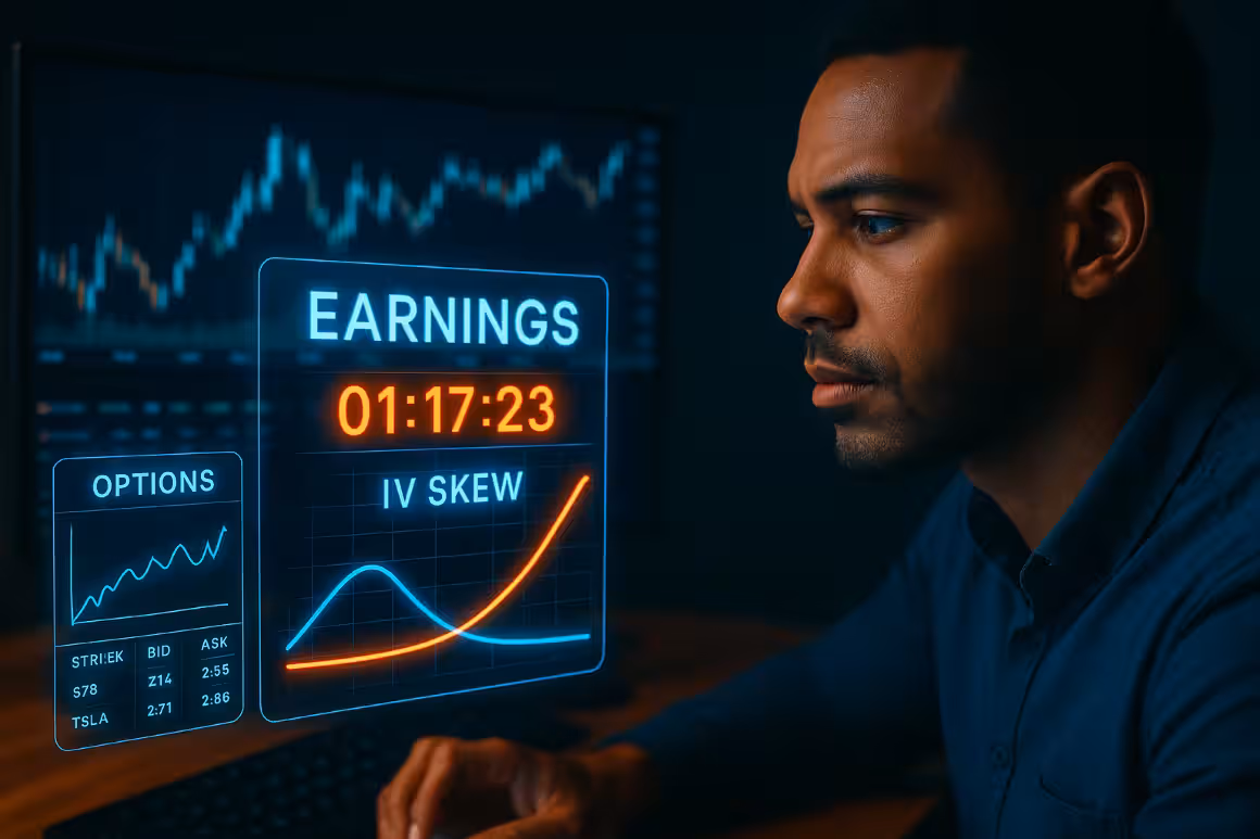 A photorealistic widescreen close-up of a mixed-race trader analyzing glowing holographic earnings data, IV skew charts, and options visuals in a futuristic trading workspace. - earnings whisper trades