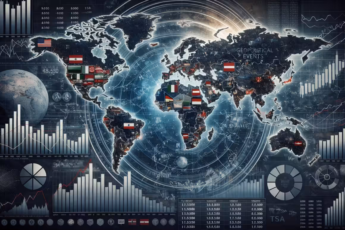 Global geopolitical and financial data visualization featuring a world map with stock market charts, economic graphs, and international flags overlay.