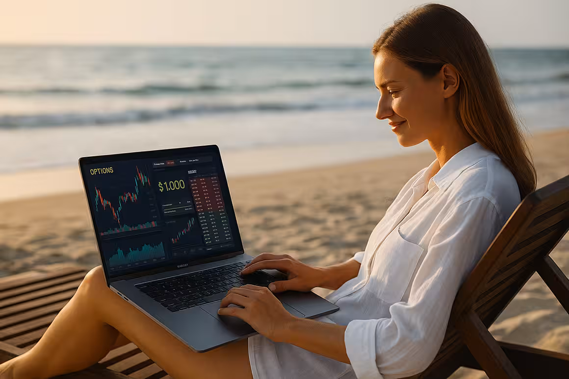 Photorealistic widescreen image of a young woman in a home office with dual monitors, evaluating options trades, symbolizing the shift from 9-5 work to trading.