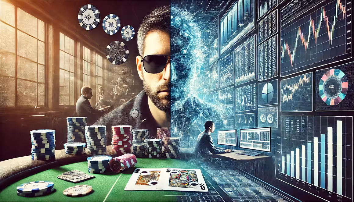 A highly detailed digital image representing the psychological connection between poker and options trading (when to use poker strategies). On the left side, a poker table with cards, chips, and a focused player wearing sunglasses, representing bluffing and strategic thinking. On the right side, a modern trading desk with multiple screens showing charts and options trades, with a focused trader analyzing market volatility. The two scenes blend together in the middle, symbolizing the mental overlap between poker strategy and options trading. The overall theme is intense, strategic, and high-stakes, with cool lighting and dramatic shadows to emphasize focus and decision-making.