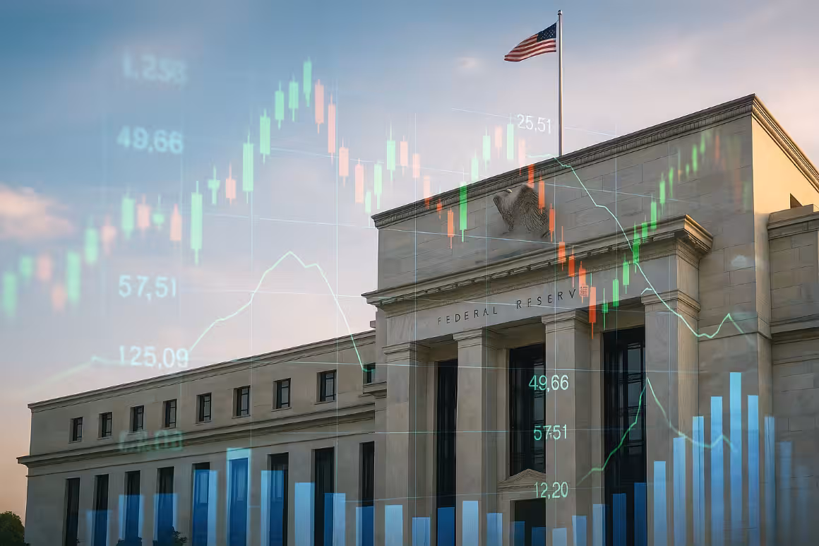 Photorealistic image of the Federal Reserve building overlaid with stock market charts and financial graphs, symbolizing the impact of the 2025 Fed Rate Outlook on trading.