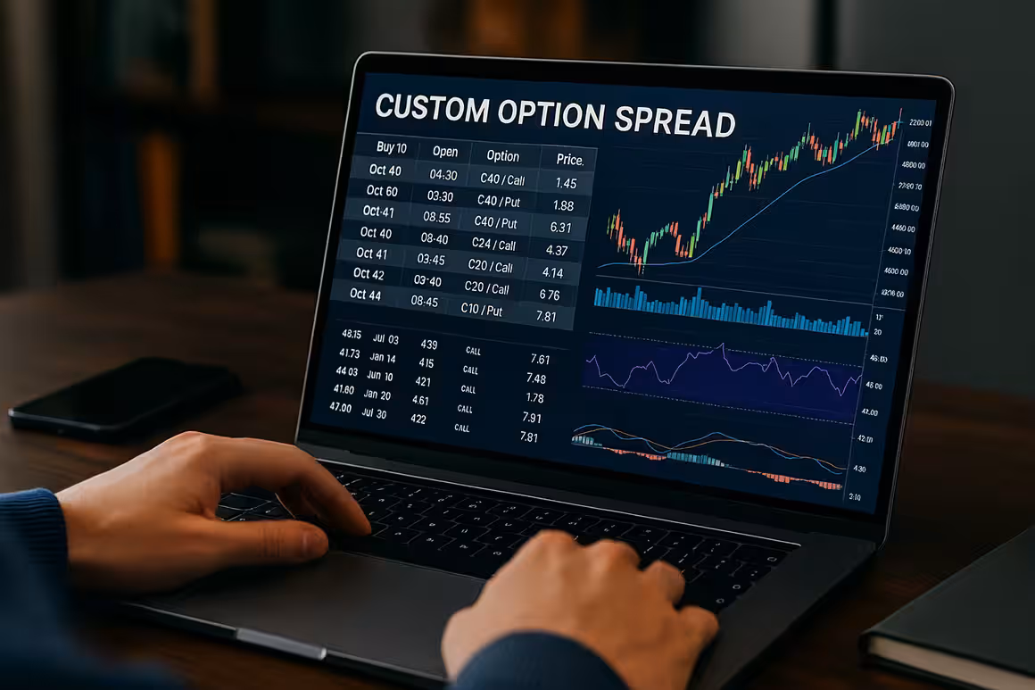 A photorealistic digital photograph of a trader analyzing financial charts and data on multiple widescreen monitors in a modern office. The scene highlights technical analysis and strategy design, symbolizing the concept of a Custom Option Spread.