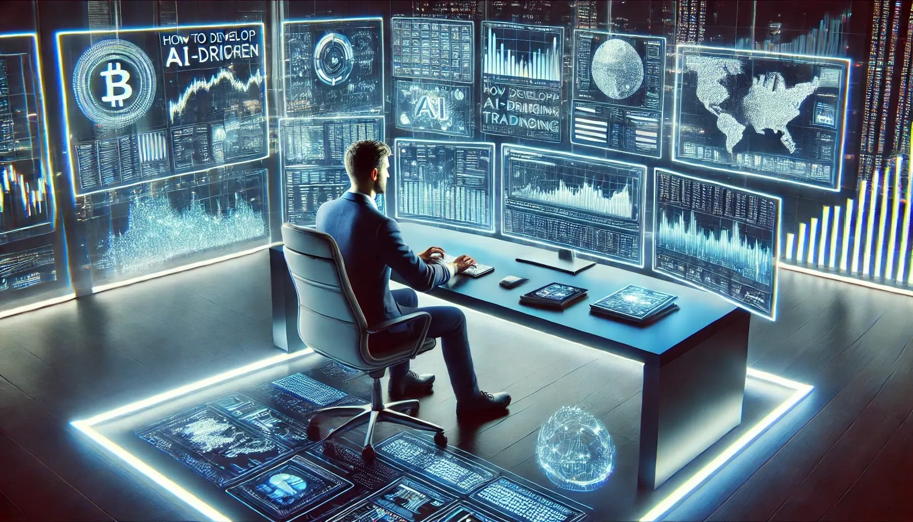 The image showcases a professional trader seated at a high-tech trading desk, actively programming and configuring an AI-driven trading system. Multiple large monitors display algorithmic trading codes, machine learning models, and real-time financial charts. The trader, wearing casual but professional attire, is focused, typing on a keyboard, with a holographic interface projecting AI analytics. The background features a digital matrix of financial data streams, emphasizing the advanced technology involved. The setting is a modern, high-tech trading environment with soft blue neon lighting, creating a sophisticated and cutting-edge atmosphere.