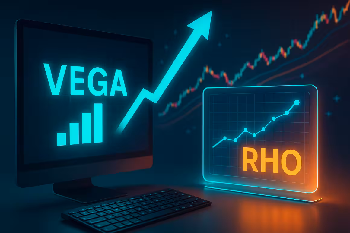 Photorealistic image of glowing financial screens showing Vega and Rho charts with upward trends, representing volatility and interest rate effects in advanced options trading strategies.