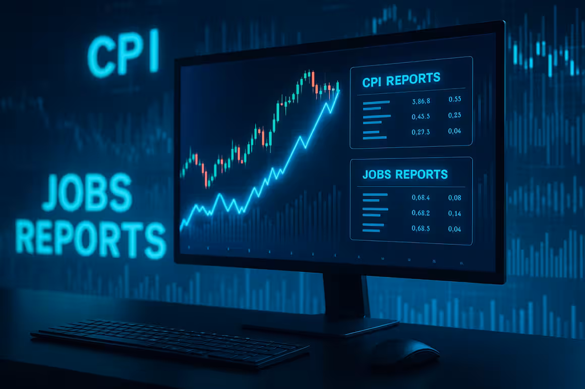 Modern photorealistic image of a sleek trading monitor displaying CPI & Jobs Reports data with financial charts and graphs for options trading analysis.