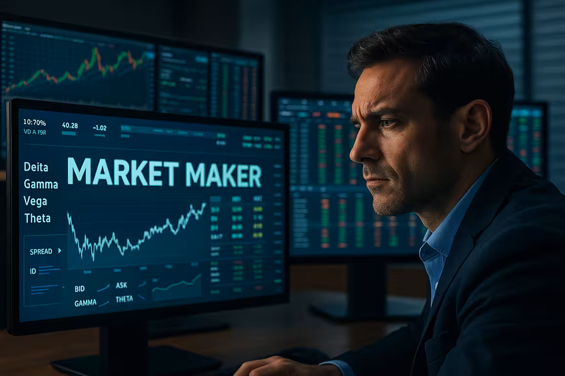 Photorealistic image of a market maker analyzing multiple widescreen monitors displaying options pricing data, volatility charts, and financial metrics in a modern trading setup.