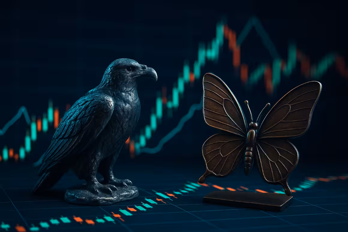 Photorealistic comparison of Iron Condor and Iron Butterfly strategies represented by metallic condor and butterfly figures in front of stock market charts.
