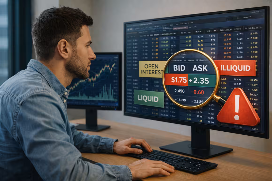 A photorealistic widescreen image of a casually dressed male trader analyzing options liquidity data on a monitor, with bid-ask spreads and liquidity warnings highlighted on the right side.