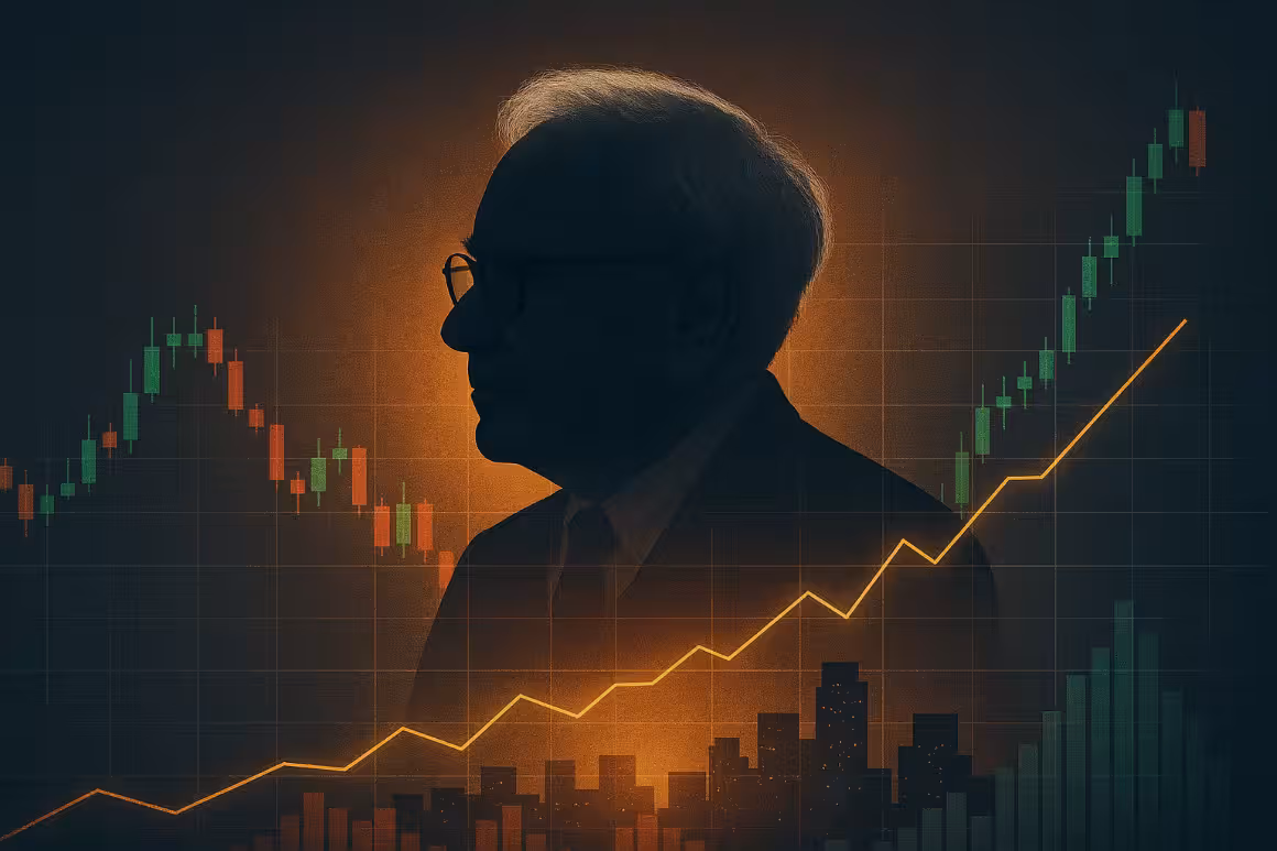 Abstract double-exposure image of an investor silhouette with stock market charts and financial growth visuals, symbolizing Warren Buffett’s long-term investing strategy.