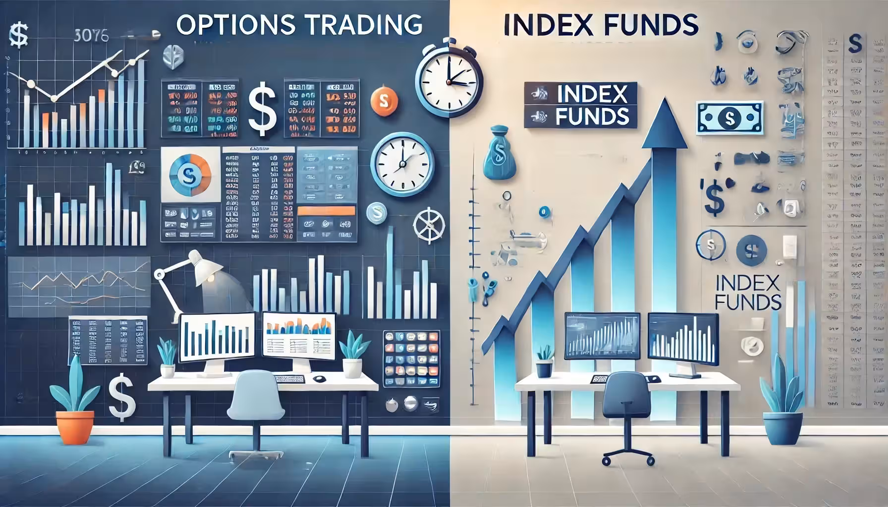 Split image compares Options Trading vs. Index Funds. Left: charts, clocks, and graphs in a busy home office. Right: calm setup with rising graph arrows and computer screens, symbolizing growth.