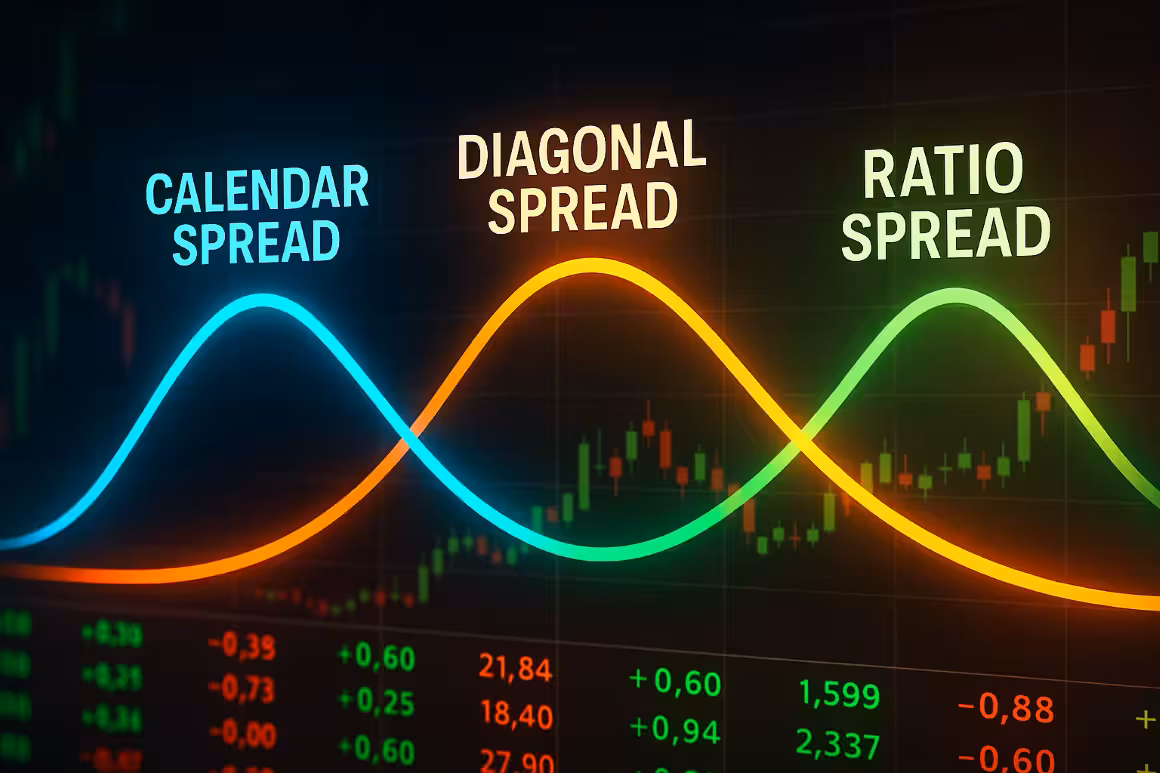 Photorealistic image comparing calendar, diagonal, and ratio spreads with three glowing financial curves in blue, orange, and green, representing time-structure strategies in options trading.