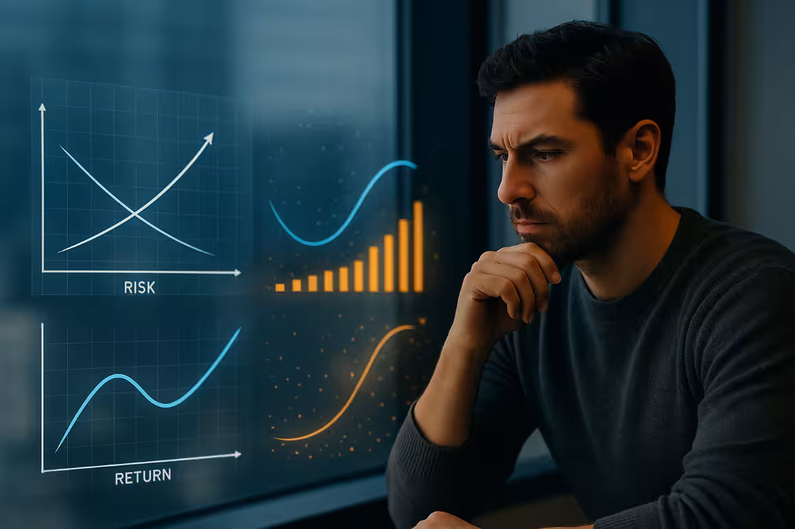 A focused trader studies holographic risk and return charts in a modern high-rise office, analyzing volatility data displayed on a glass panel with a thoughtful expression. - Risk Parity