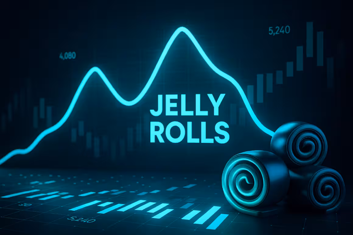 Photorealistic image of glowing layered financial curves and calendar-style markers, symbolizing carry extraction and calendar mispricing in Jelly Roll options strategies.