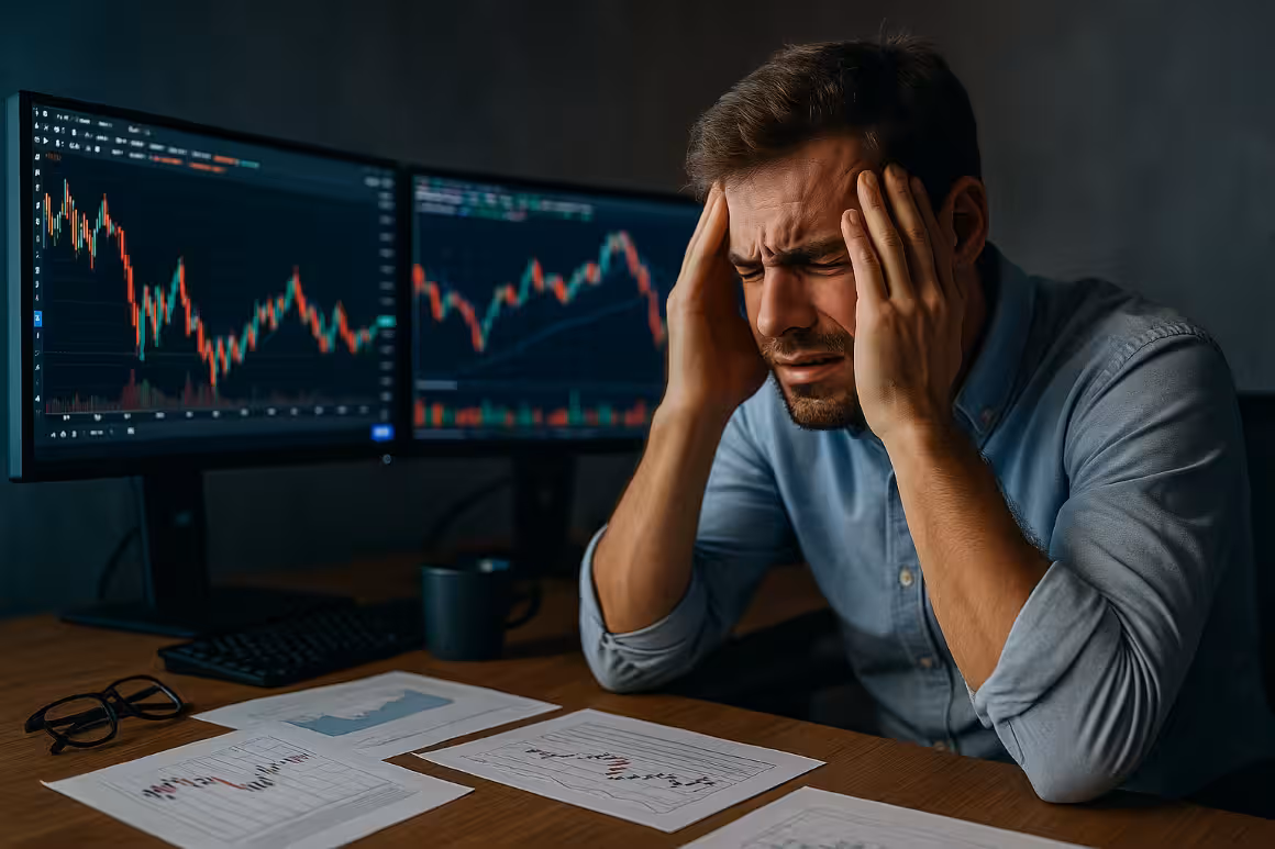 A stressed trader staring at multiple monitors with financial charts, symbolizing the psychological impact of Expiry Fridays.