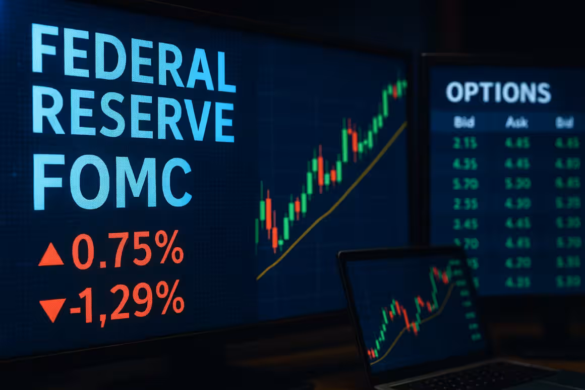Trading desk with monitors showing candlestick charts, FOMC announcement data, and options prices reflecting Post-FOMC market volatility.