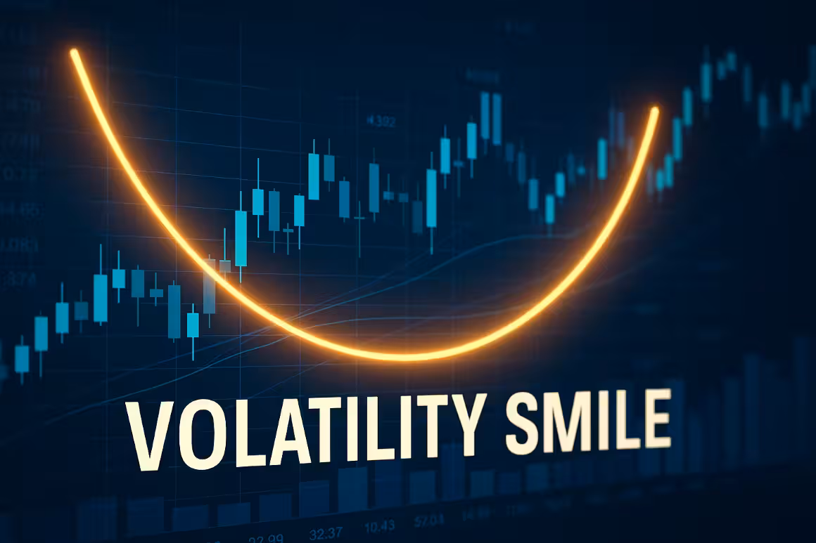 Photorealistic image of a glowing volatility smile curve overlaid on a candlestick chart.