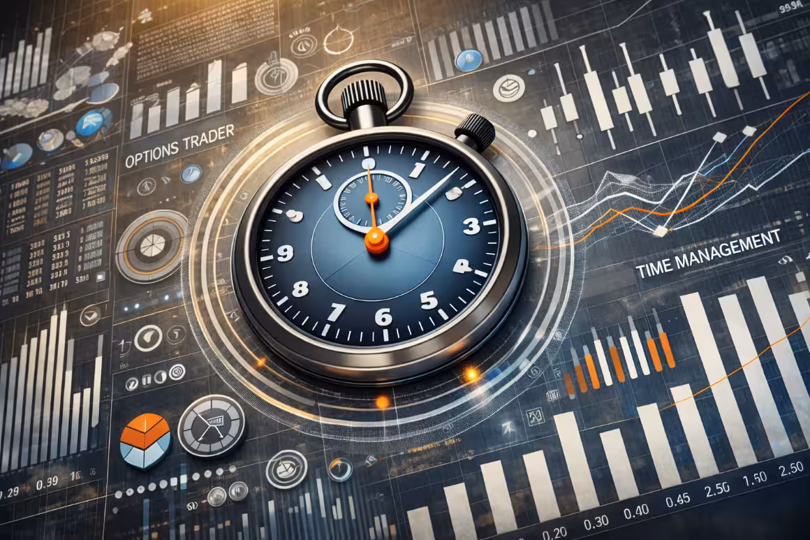 Stopwatch centered over financial trading charts and stock market data, symbolizing time management in options trading.