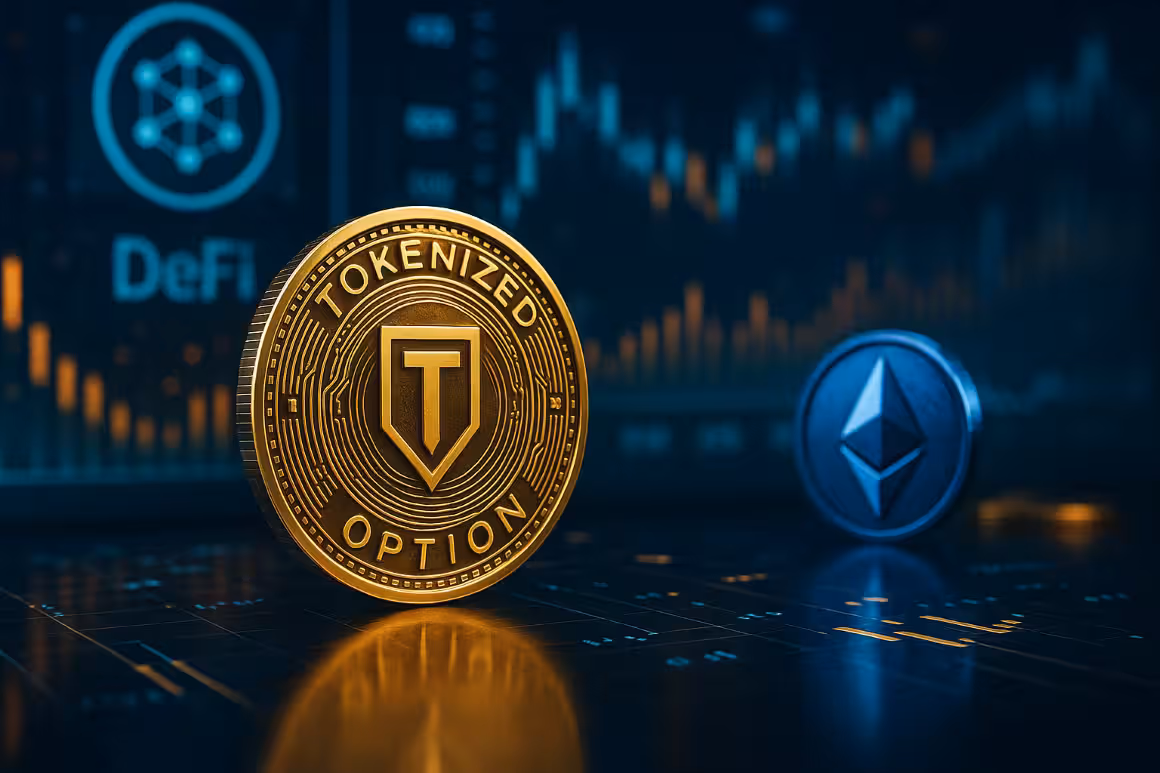 Photorealistic image of a golden coin labeled ‘Tokenized Options’ beside a blue Ethereum coin, set against glowing digital charts and blockchain graphics, symbolizing tokenized options and decentralized finance innovation.