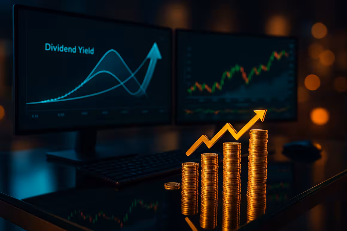 Modern financial workspace with charts and trading screens symbolizing dividends strategy and income generation.