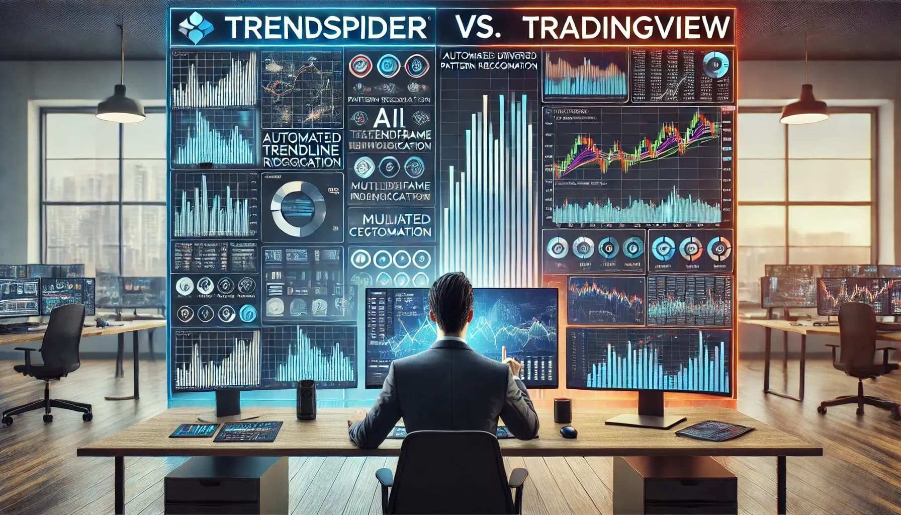 A modern and visually engaging comparison of TrendSpider vs. TradingView for options trading. The image features a split-screen design with clearly labeled sections for 'TrendSpider' and 'TradingView'. The TrendSpider side highlights AI-driven pattern recognition, automated trendline identification, and multi-timeframe analysis. The TradingView side showcases diverse chart types, a user-friendly interface, and high customization. A professional trader is seen analyzing both platforms on a high-tech, multi-monitor setup, evaluating key features. The background includes sleek financial graphs and data-driven visuals. The aesthetic is professional, high-tech, and data-focused, emphasizing strategic platform comparison.