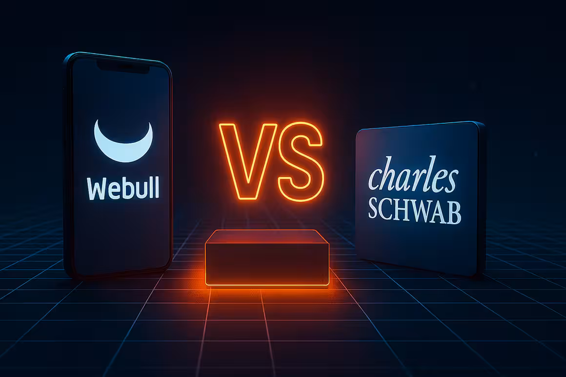 3D-rendered illustration showing a creative side-by-side comparison of Webull vs. Charles Schwab, with their logos,