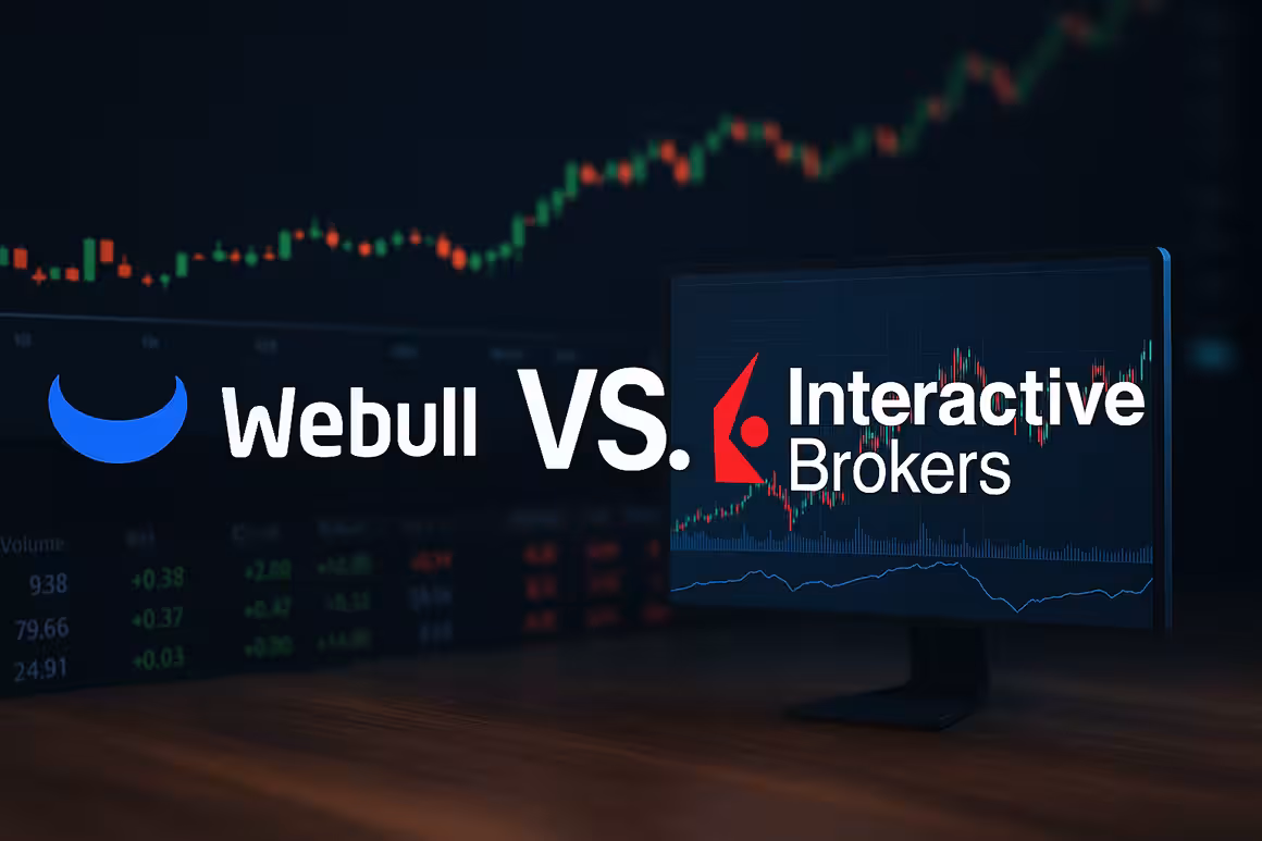 Photorealistic image showing Webull vs. Interactive Brokers logos side by side on a modern trading screen with financial charts in the background.