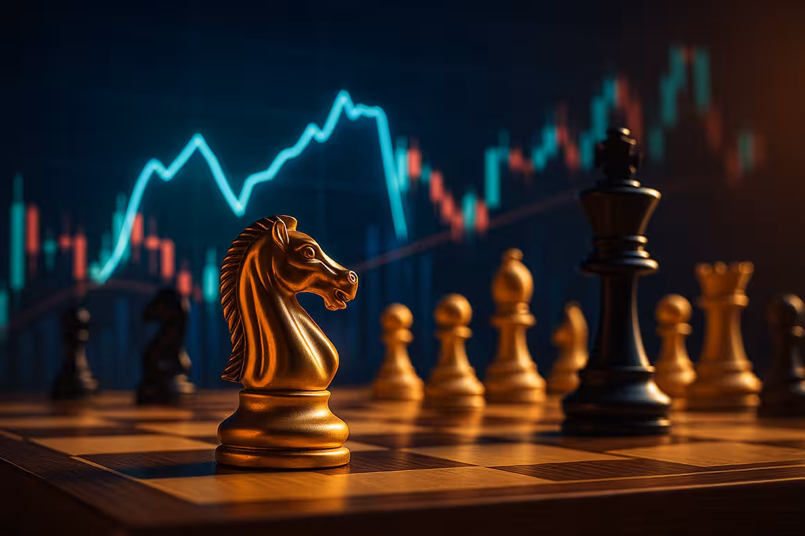 Eye-catching photorealistic widescreen image of a glowing chessboard with crystal pieces surrounded by holographic financial charts, symbolizing Chess and options strategy.