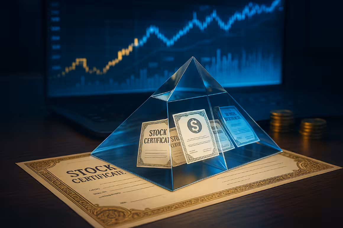 Photorealistic image symbolizing a stock split, featuring a stock certificate under a glass prism with financial charts on a laptop in the background, illustrating modern market trading and investment.