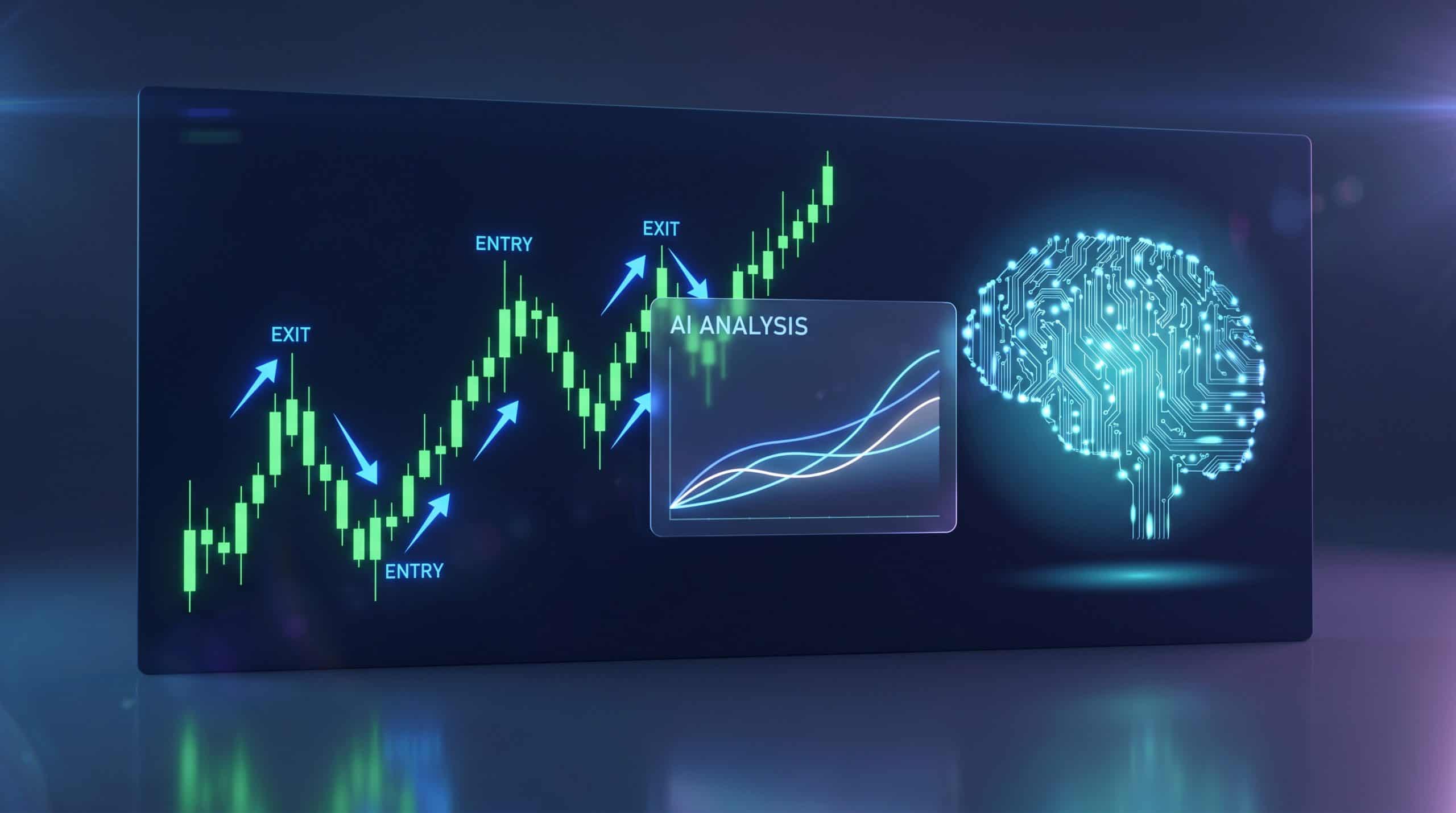 AI analysis dashboard showing entry and exit signals on a candlestick chart for options trading