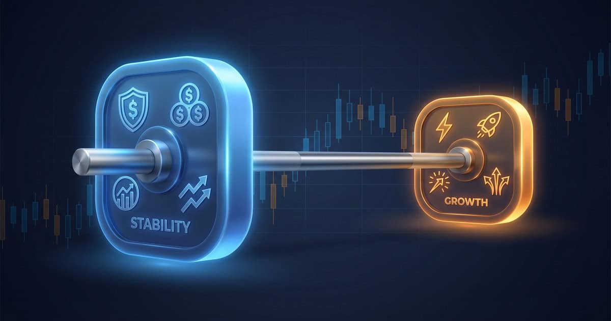 Barbell options portfolio strategy illustration showing safe income and asymmetric bets