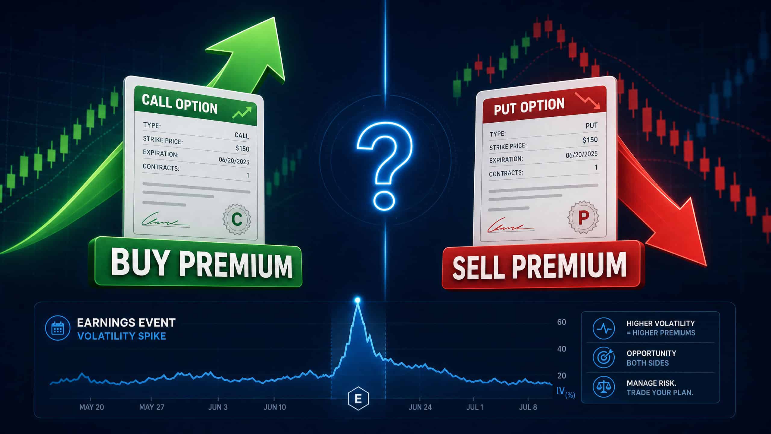 Should you buy or sell premium before earnings — options trading strategy comparison showing IV crush