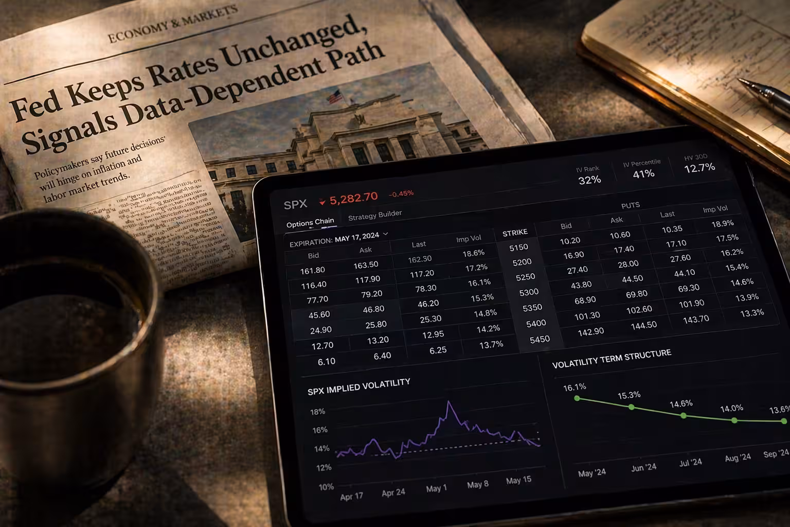 Tablet displaying options trading data and implied volatility charts beside a newspaper headline about a Federal Reserve decision, illustrating the Fed’s impact on options markets.