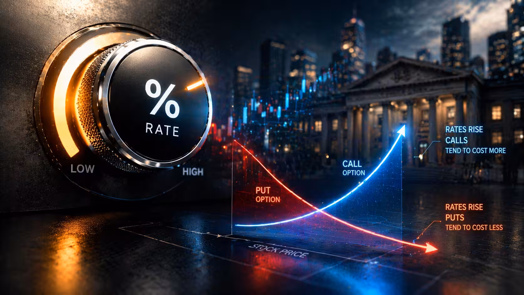 Interest rate dial increasing with call and put option payoff curves showing how rising rates impact options pricing.