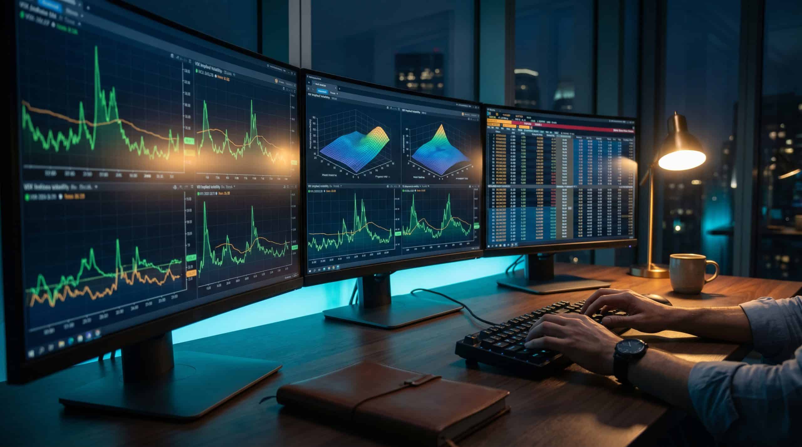 Long volatility strategies trading setup with monitors showing VIX charts and options chains