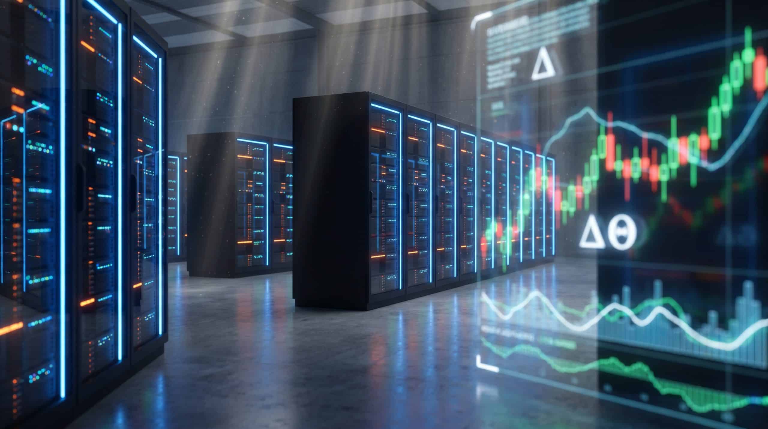 AI data center interior with server racks and holographic options trading charts illustrating how to use options for the AI data center buildout