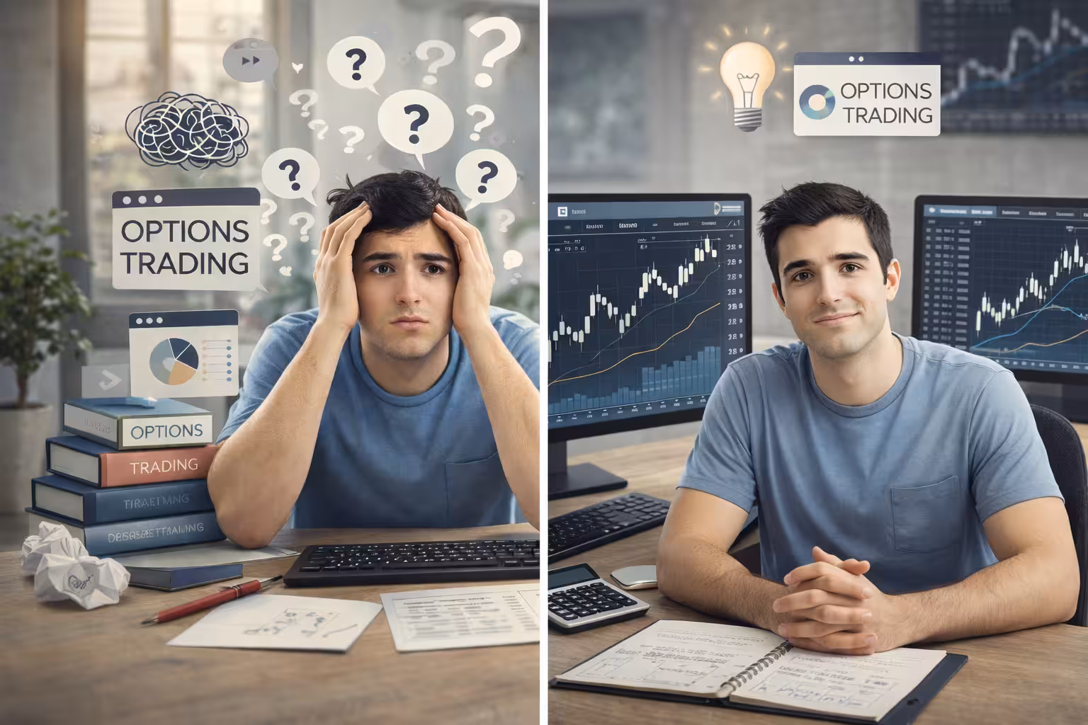 Beginner learning options trading shown as confusion turning into clarity with organized charts and trading workspace.