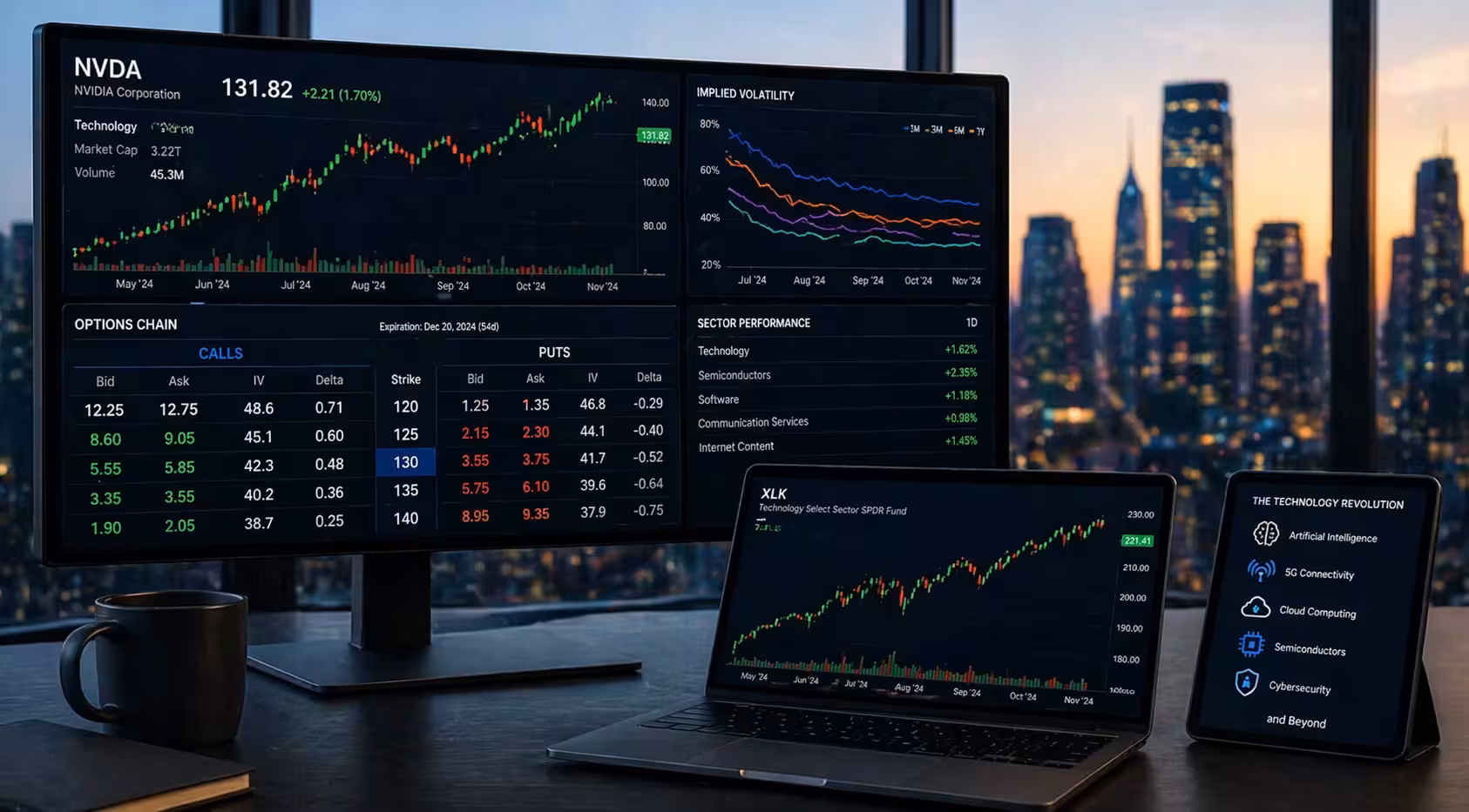 Modern trading workstation with multiple screens displaying tech stock charts, options chain data, and implied volatility, representing options trading in emerging technology sectors.