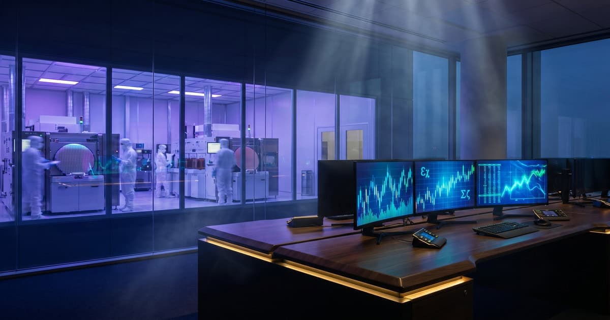 Options trading desk overlooking semiconductor fabrication facility with trading charts and Greek symbols