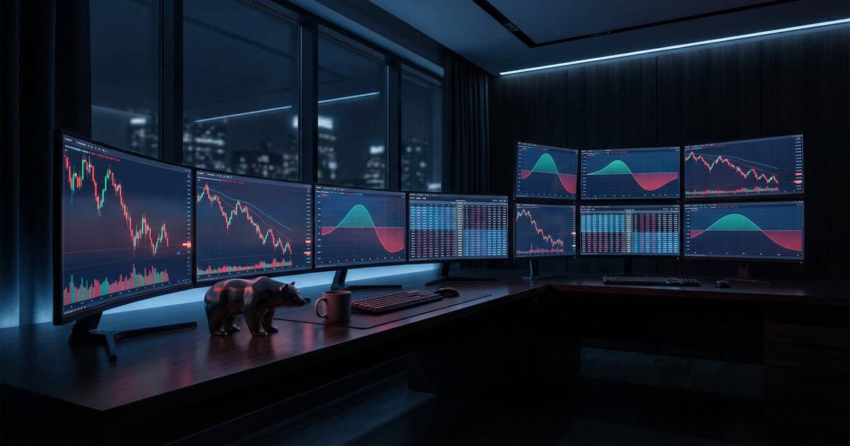 Bearish trading desk setup with monitors showing downward options charts for shorting the market with options
