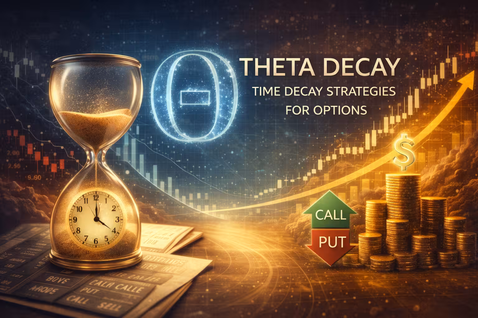 Theta decay in options trading illustrated with hourglass, clock, and charts showing time value erosion and profit opportunities.