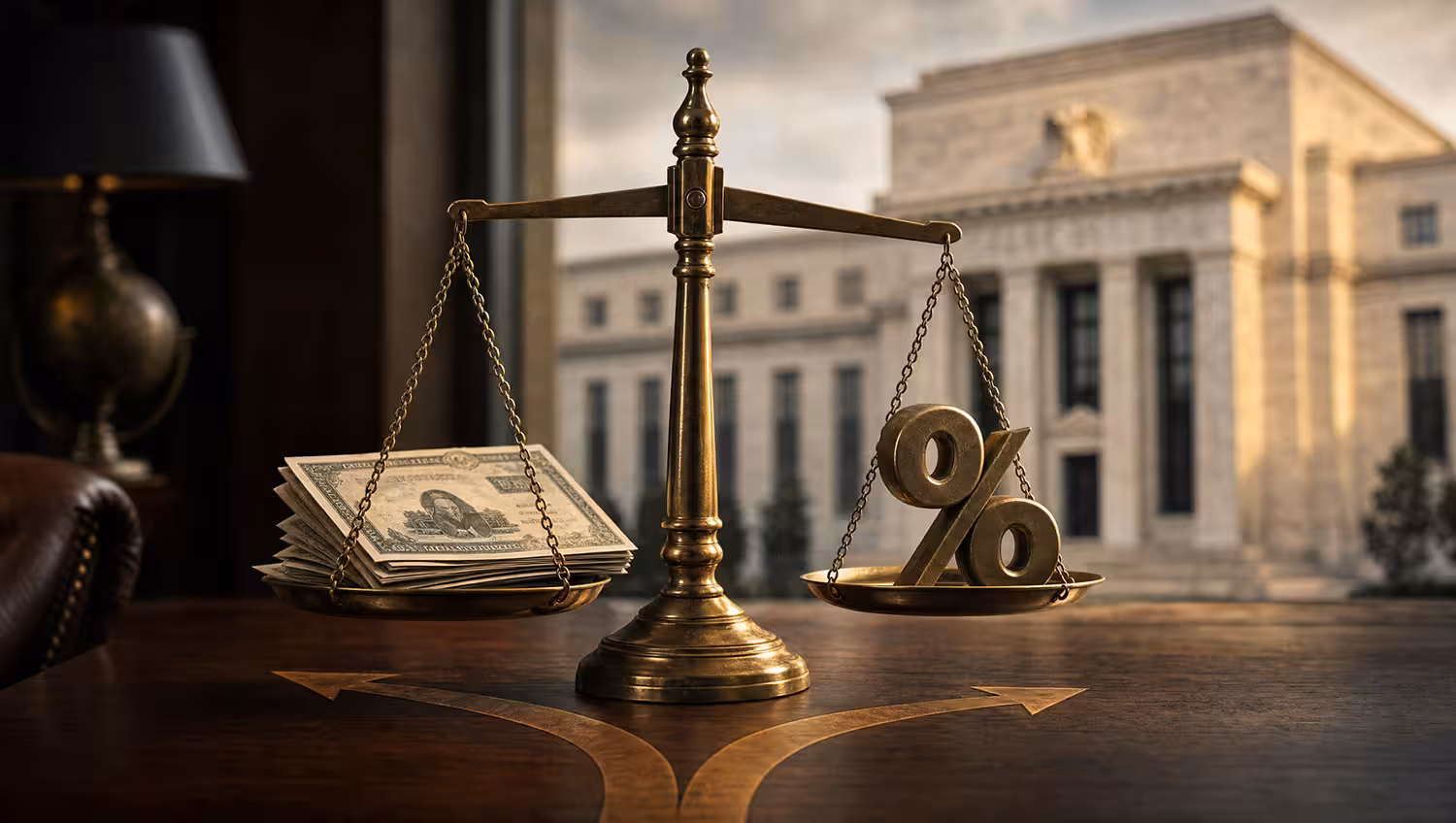 Balance scale weighing Treasury bonds against a percent sign, representing interest-rate bets.