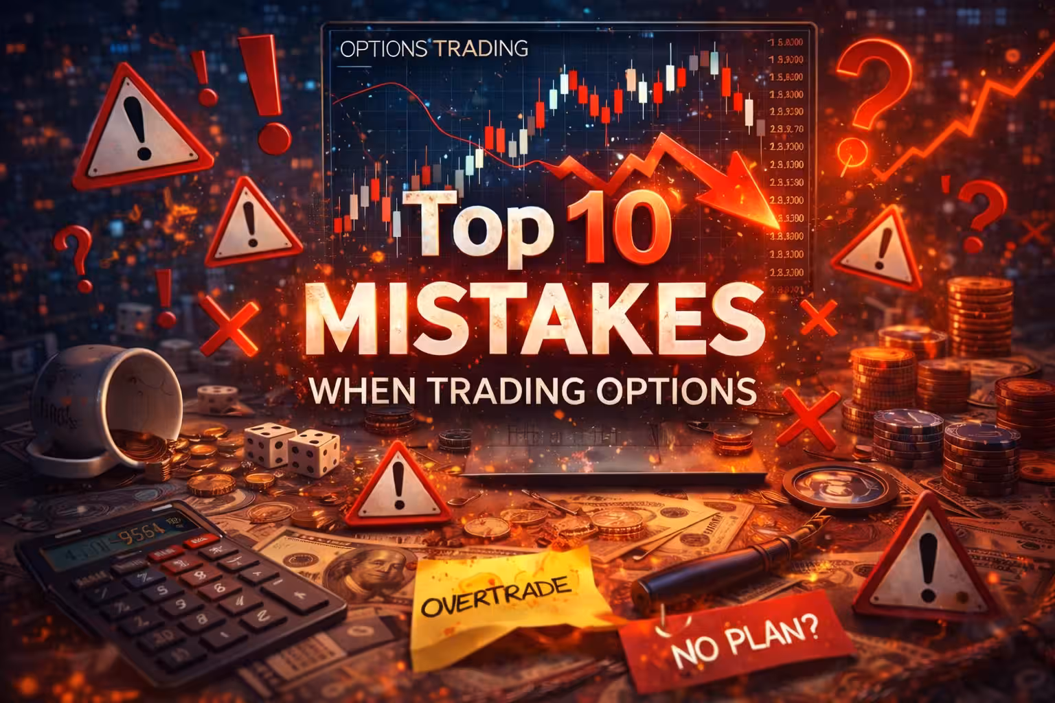 Options trading dashboard with falling price chart, warning icons, calculator, and trading notes illustrating common mistakes traders make in the options market.