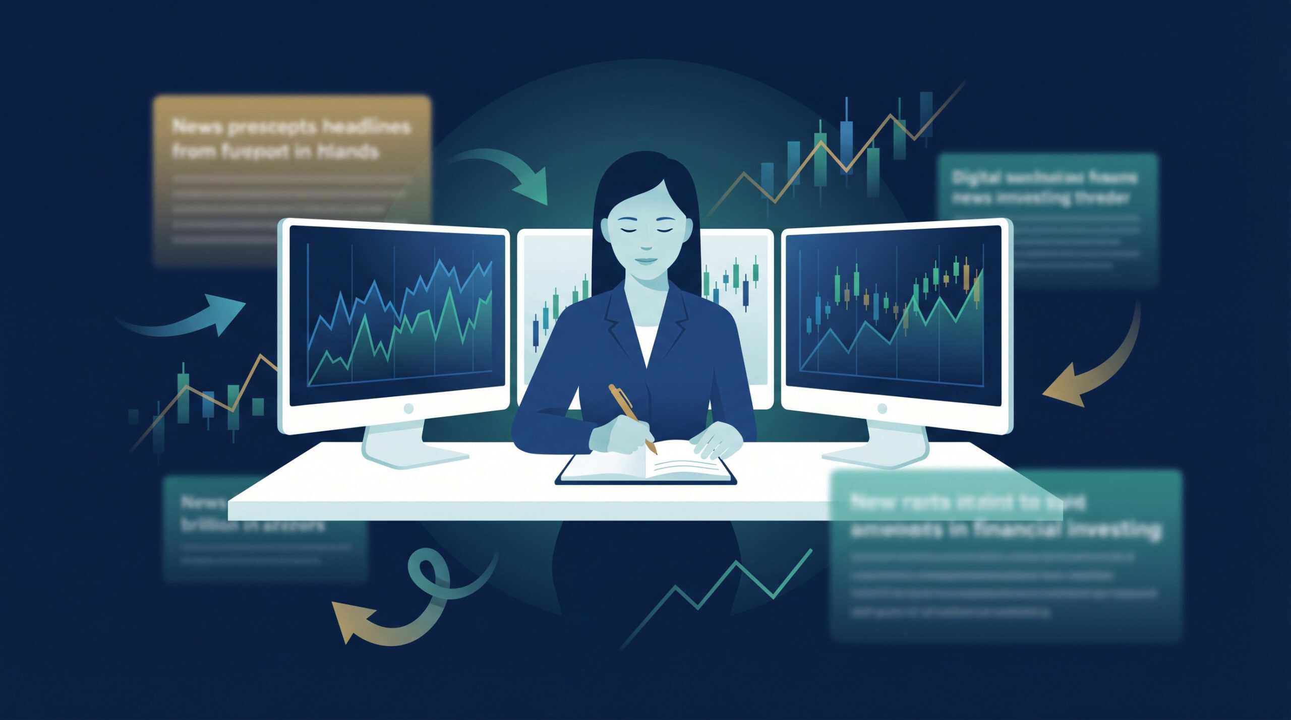 Calm trader reviewing charts during market uncertainty with volatile stock data on screens